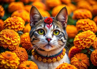 Day of the Dead Cat: Festive Feline with Sugar Skull Face Paint Among Marigolds