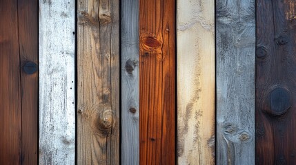 An array of vertical wooden planks demonstrating a variety of colors