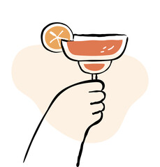 Hand holding party drink icon isolated. Cocktail glass raised. Hand drawn doodle outline vector