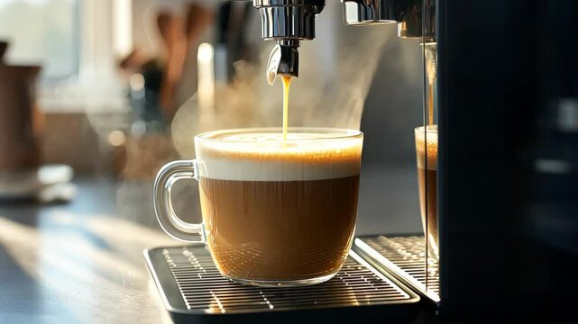 Freshly brewed morning coffee from espresso machine in sunlit kitchen
