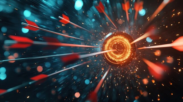 In a dynamic 3D rendering, a volley of arrows arcs towards a target, symbolizing ambition, success, and growth as the arrows pierce the target, leaving behind a trail of sparks that represent the