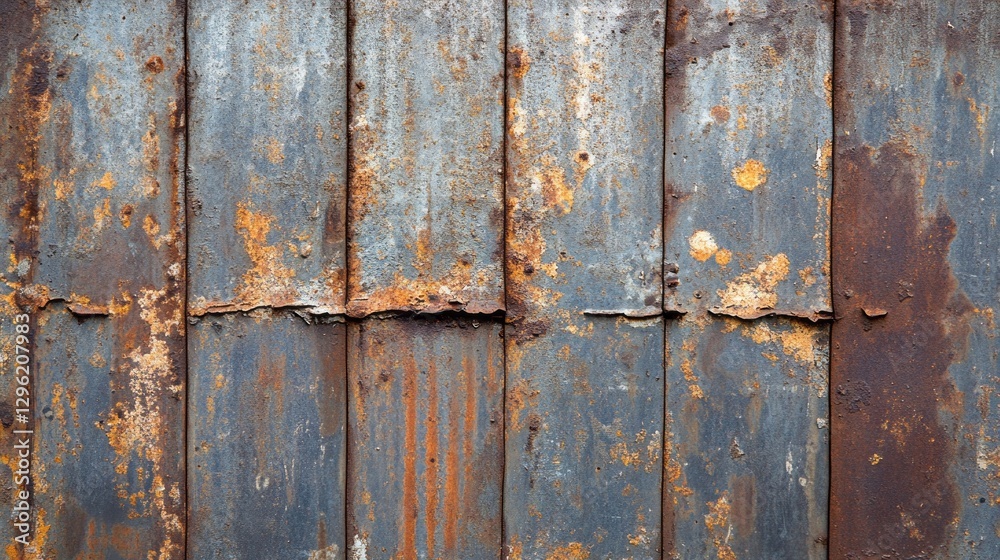 Poster Weathered metal panels display an array of rust and texture, highlighting the beauty of decay. This industrial backdrop features rich tones of blue, orange, and brown under natural light