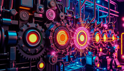 Detailed futuristic mechanical gears with neon lighting, representing AI-driven automation, robotics, and cyber technology.