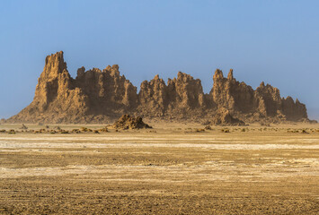 Djibouti, view at the dry lake Abbe with its rock formations	