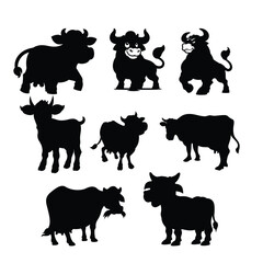 set cow silhouette vector of animals on white background