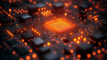 3d rendered futuristic server with printed circuit board design – advanced code processing on a vibrant orange, green & blue technology background with bokeh effects