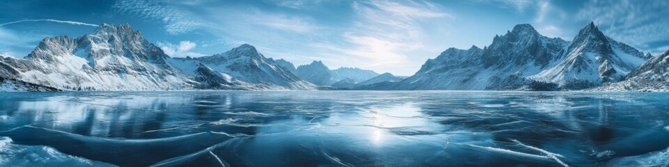 Majestic Winter Landscape with Snowy Mountains and Frozen Lake