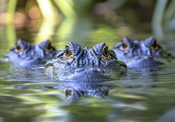 Fototapeta premium Three Alligators Lurking Just Below the Water Surface in a Calm, Pristine Nature Setting with Lush Greenery and Reflections in Still Water