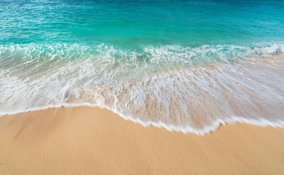 Summer seascape beautiful waves, Aerial view of turquoise ocean wave reaching the coastline. Top shot of a beach, nice sand, blue turquoise water with copy space for design. Summer holiday vacation