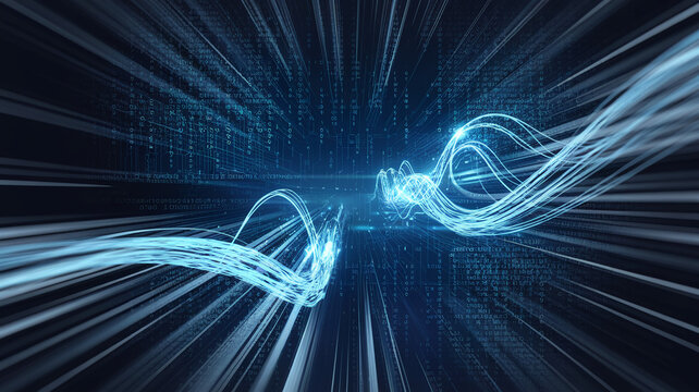 A futuristic representation of digital communication featuring flowing data streams and binary code, symbolizing high-speed networks and modern technology.