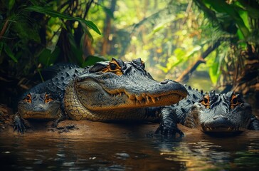 Obraz premium Three Alligators Resting on a Riverbank Surrounded by Lush Green Foliage in a Serene Tropical Environment