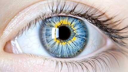 Fototapeta premium Close up Macro Shot of a Stunning Blue Eye with Yellow Iris and Long Eyelashes