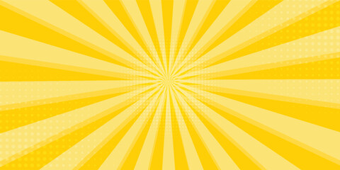 Yellow abstract background with light of sunburst. yellow starburst with halftone. sun ray retro background with flash