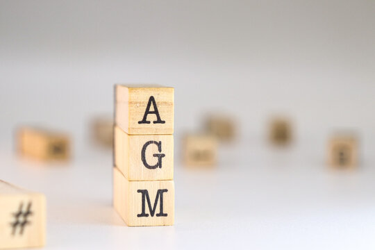 Annual General Meeting concept. AGM acronym written on wooden cubes isolated on white background with space for text