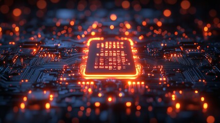 3d rendered futuristic server with printed circuit board design – advanced code processing on a vibrant orange, green & blue technology background with bokeh effects
