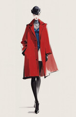 Bold Watercolor Fashion: Red Coat & Lace