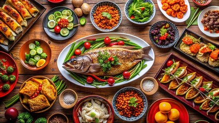 Delicious Chinese Banquet: Steamed Fish, Braised Pork & Vibrant Vegetables