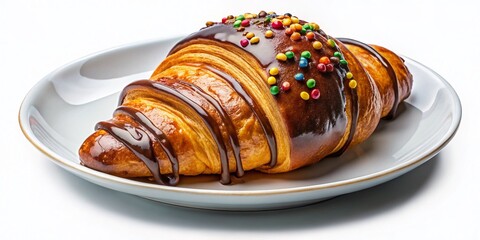 Fototapeta premium Delicious Chocolate Croissant Sprinkles Top View Isolated White Background