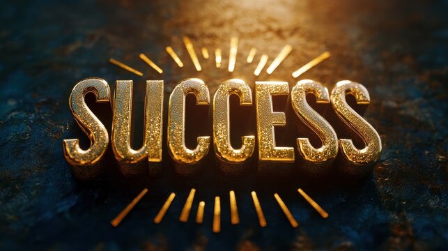 A stylized "success" word, crafted from shimmering gold letters, rests on a podium, its edges radiating outwards like rays of triumph, signifying achievement and accomplishment.