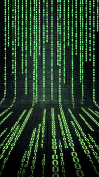 Futuristic digital background with flowing binary code and glowing lines, representing technology, data transfer, and digital networks