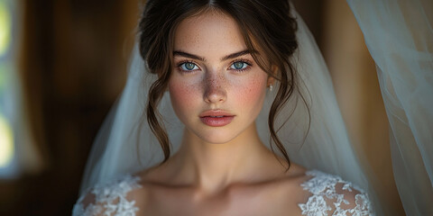 Portrait of a beautiful bride in a wedding luxury dress.
