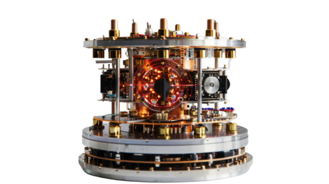 Quantum computer core generating light on transparent background