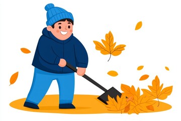 a 2D cartoon illustration of a person raking leaves in the front yard, neat and organized, white background