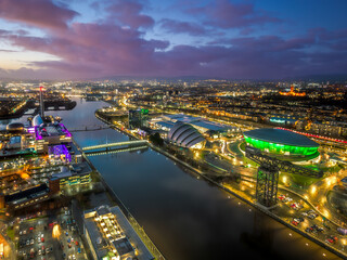 Aerial Clyde river Glasgow with Arc bridge, armadillo dome sec center