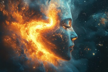 Glowing surreal portrait of a woman fused with outer space