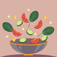 Fresh summer salad. Mixed falling vegetables in bowl on light brown background. Vector salad bowl with greens, tomatoes, and cucumbers. Simple flat vector salad bowl