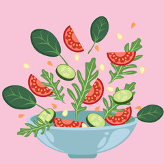 Fresh summer salad. Mixed falling vegetables in bowl on pink background. Vector salad bowl with greens, tomatoes, and cucumbers. Simple flat vector salad bowl