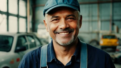 Cheerful middle aged Asian car repair master looking at camera. A middle-aged car repair master smiles brightly at the camera, ready to assist.