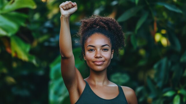 A determined young woman, her fist raised in the air, exudes confidence and strength against a backdrop of vibrant green foliage. The image evokes a sense of triumph and victory, symbolizing