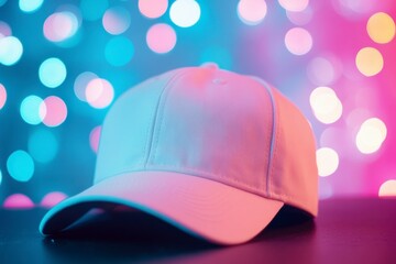 Fototapeta premium Stylish Cap on a Surface with Colorful Bokeh Background Lights