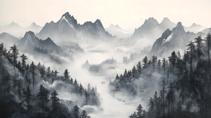 Obraz premium Ink-wash Mountains and Forests