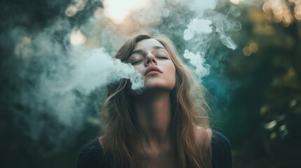 Fototapeta premium In a serene forest during dusk, a young woman enjoys a moment of peace, allowing soft smoke to escape her lips. Her closed eyes and relaxed demeanor evoke feelings of tranquility and reflection