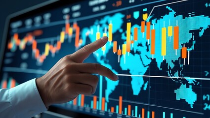 Businessman Analyzing Financial Data on a Digital Screen with Global Map and Stock Market Graphs, Highlighting Economic Trends and Investment Opportunities