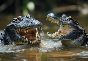 Obraz premium Two Alligators Displaying Powerful Jaws in a River Environment with Water Splashes and Lush Greenery in the Background