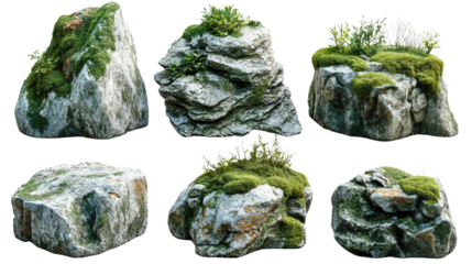 Rock Garden Elements: Assorted collection of moss-covered rocks, showcasing various shapes and textures, perfect for landscape design and natural element incorporation.