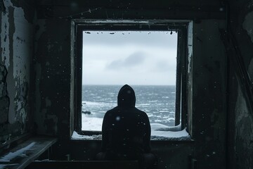 A solitary figure gazes at the ocean through an abandoned window
