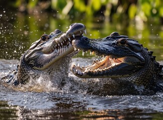 Obraz premium Two Alligators Engaging in Playful Interaction in a Serene Water Setting Surrounded by Lush Greenery Under Bright Natural Light