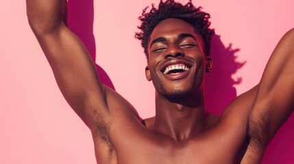 A triumphant male model, his eyes sparkling with pure joy and exhilaration, celebrates his victory with a dynamic, energetic pose that captures the raw emotion of victory.