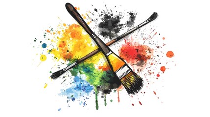 Fototapeta premium Vibrant watercolor paint palette with various paint brushes and dynamic colorful splashes of paint depicting the creative expressive and experimental nature of the painting process