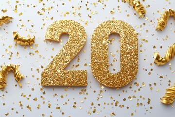 Glittering Golden Number Twenty with Confetti for Celebration