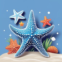 starfish head on plain blue background childish style illustration