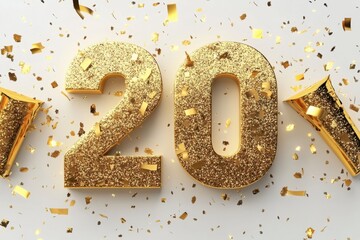 Sparkling Golden 2023 Celebration With Confetti on White Background