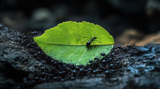 A symphony of industrious black ants, their tiny bodies working in perfect unison, as they collectively lift and carry a giant leaf, symbolizing the power of collaboration.
