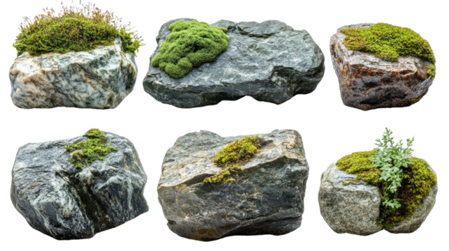 Moss Covered Stones:  A collection of six isolated, moss-covered rocks, showcasing the beauty of nature's textures and patterns. From lush green to vibrant brown.