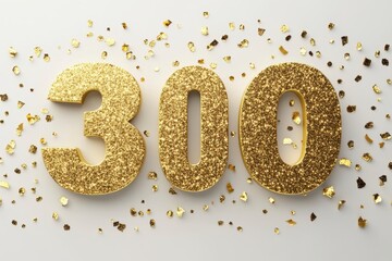 Glimmering Golden 300 Number Sign Surrounded by Glitter Confetti