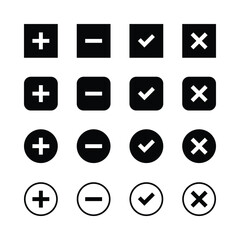 Minimalist icon set, plus minus check cross
symbols, black and white design, user interface
elements, geometric shapes, simple graphics,
clean layout, square circle variants, vector
style, flat design